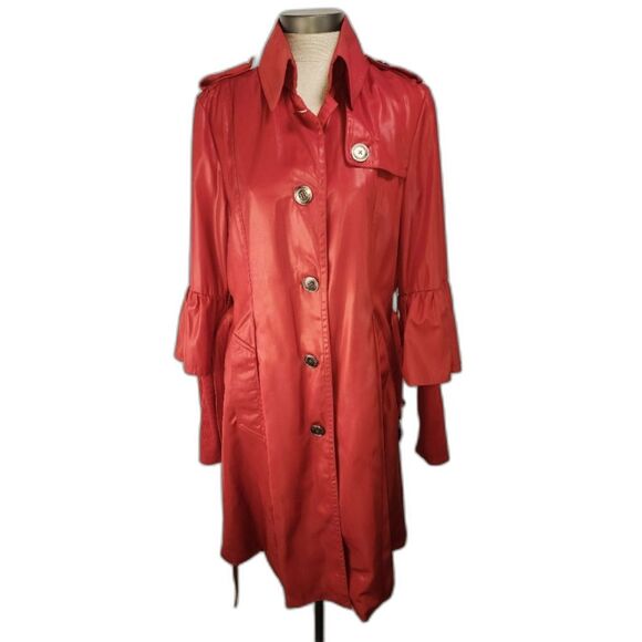 Vintage Rufuete Red Italian Trench Coat with ruffled sleeves size 50 - Picture 5 of 12